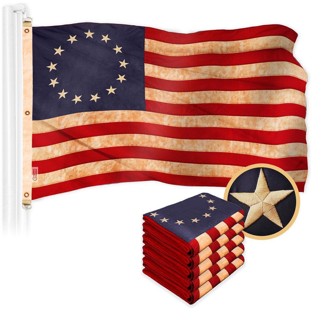G128 5 Pack: Betsy Ross TeaStained Flag  5x8 Ft  ToughWeave Pro Series Embroidered 420D Polyester  Historical Flag, Embroidered Design, Indoor/Outdoor, Brass Grommets, High Quality
