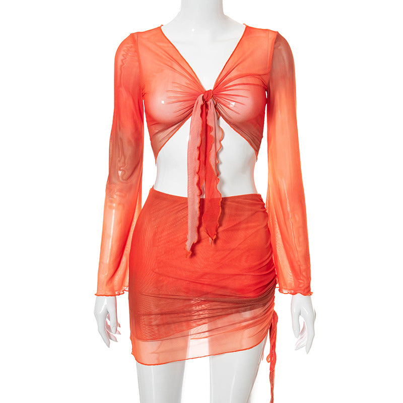 2pcs Summer Tie-Dye V-neck Long Sleeve Skirt Set