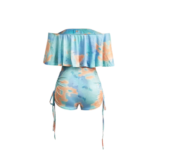 Camo Print Ruffle Hem Jumpsuit with Drawstring Pants