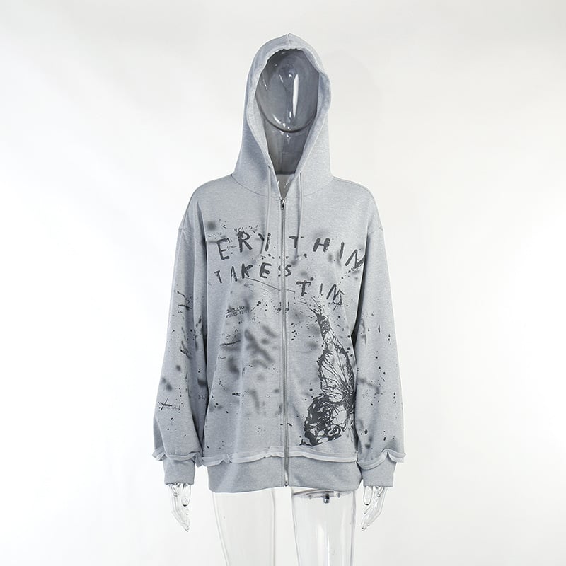 Knitted Loose Hoodie with Butterfly Print