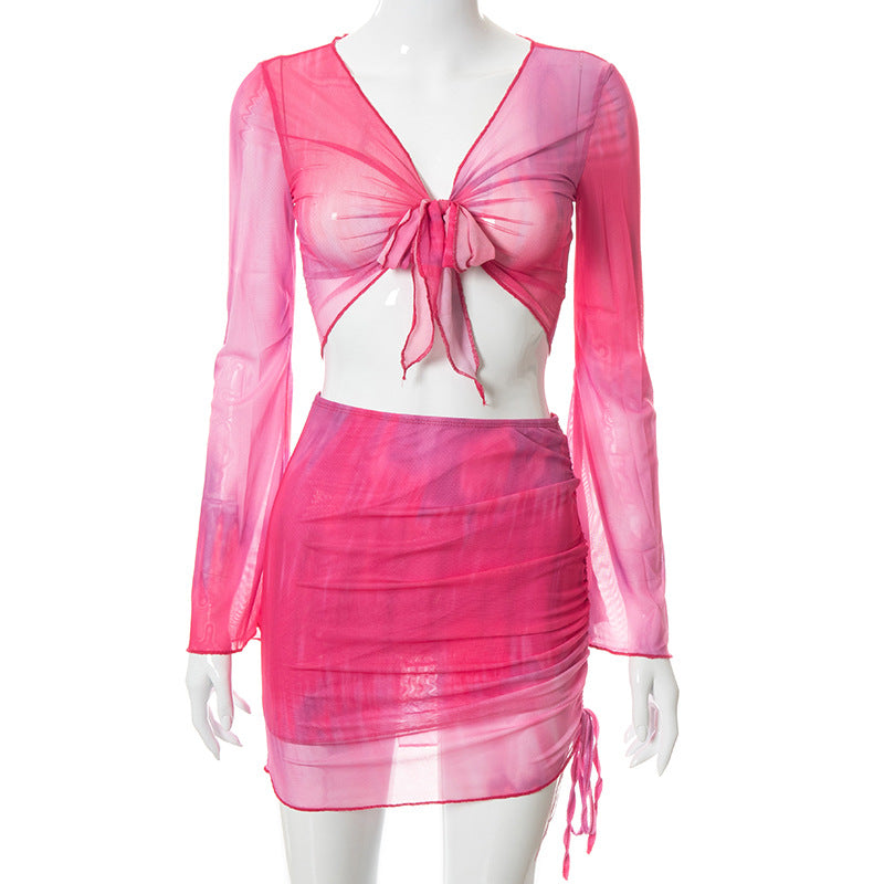 2pcs Summer Tie-Dye V-neck Long Sleeve Skirt Set