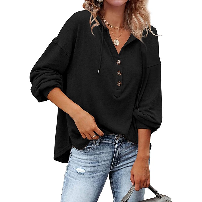 Loose Fit Solid Color Long Sleeve Hoodie Sweater Top