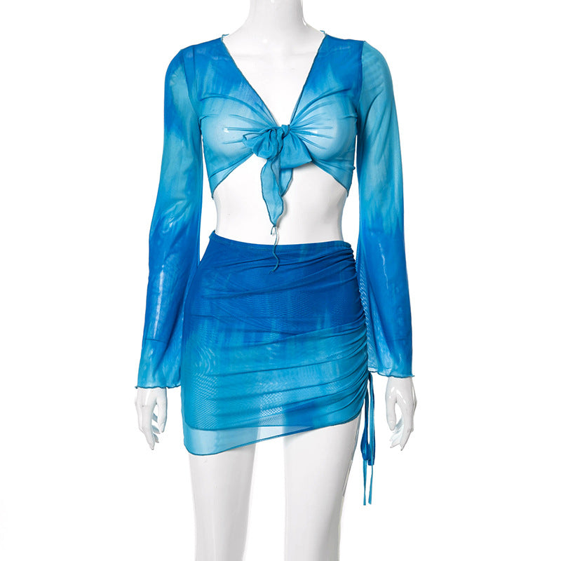 2pcs Summer Tie-Dye V-neck Long Sleeve Skirt Set
