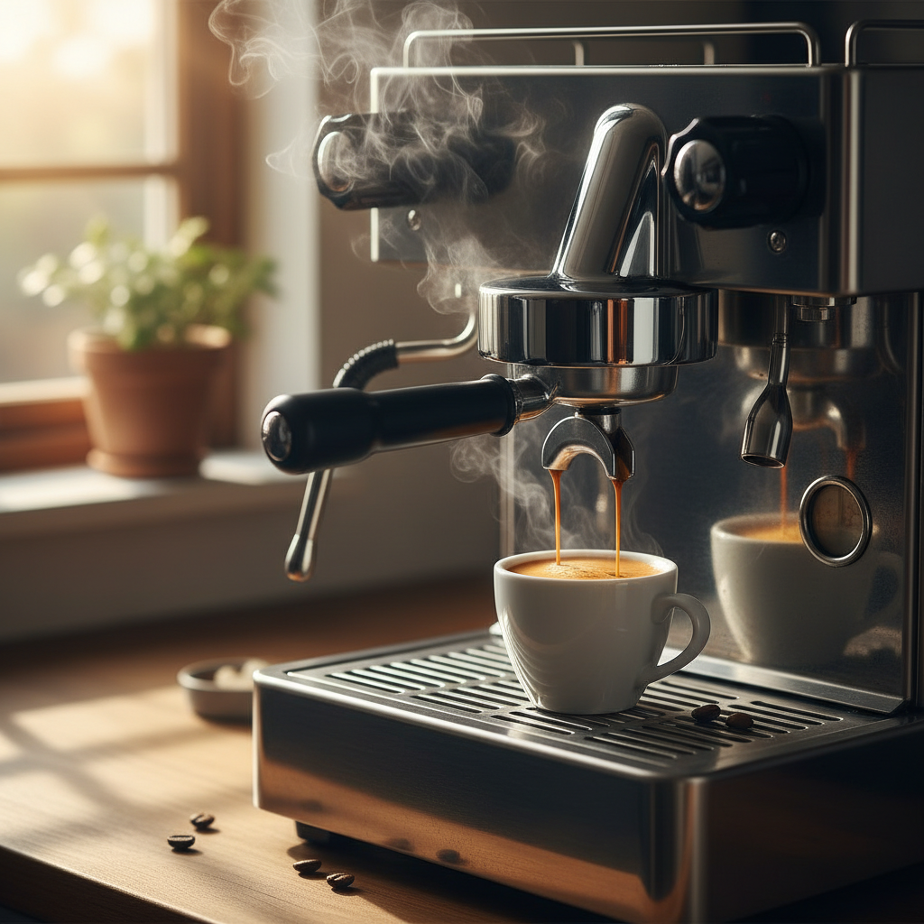 Espresso con vapore, luce mattutina